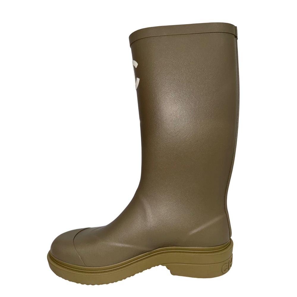 Chanel REV Dark Beige Moss Green White CC Logo High Pull On Rubber Rain Boots 39 - Picture 10 of 15